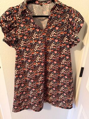 Floral Tulip Print Women's V-Neck Top - Pink & Blue